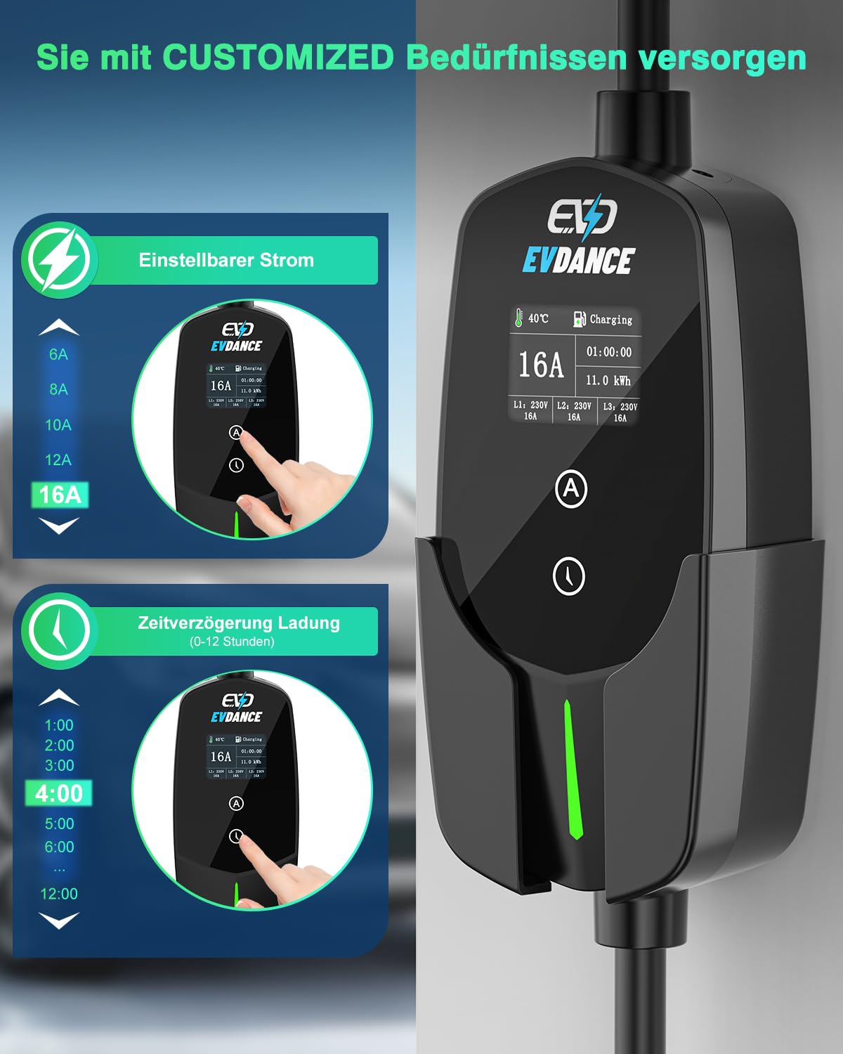 EVDANCE Mobile Wallbox 11kW [7.8m 3-Phasig 6-16A] Typ 2 Ladekabel CEE 16A auf Typ 2 mit Einstellbarer Ladeleistung für Elektroauto 2