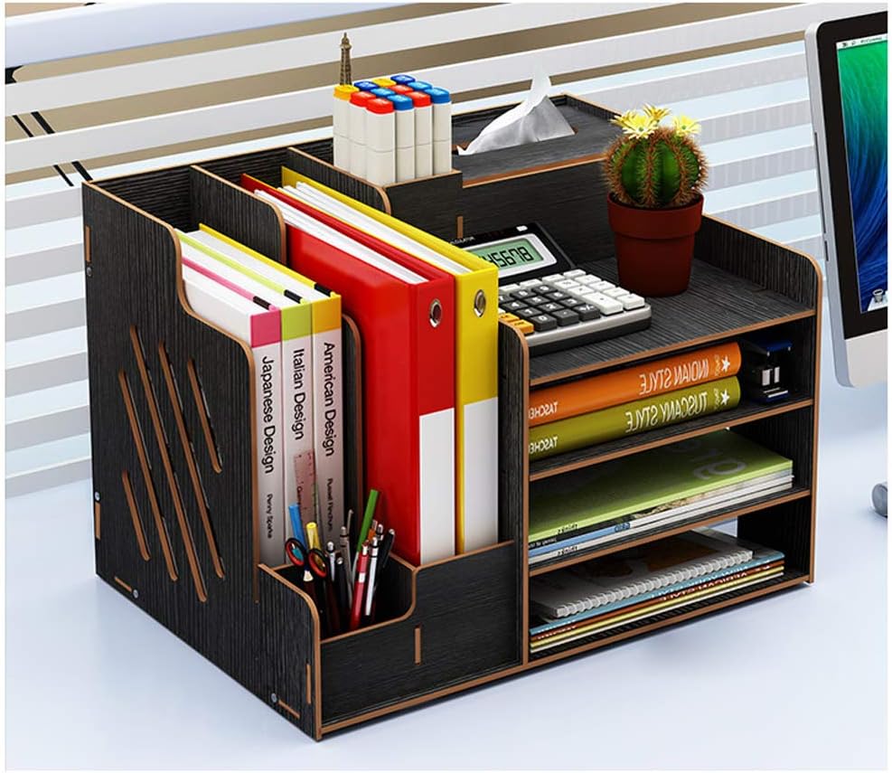 Hggzeg Wooden Desk Organizer, Large Capacity DIY Office Supplies Storage Box File Rack Paper Document Magazine Holder Sorter (Black) - Image 5