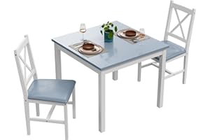 Alohappy Dining Table Set for 2, 3 Piece Kitchen Table and Chairs Set Pine Wood Dining Table with 2 Upholstered Chairs for Small Space, Apartment, Space-Saving & Easy Assembly (Blue)
