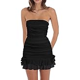 Mizoci Women's Sexy Tube Top Bodycon Mini Dress Strapless Ruffle Bow Back Ruched Party Short Dresses