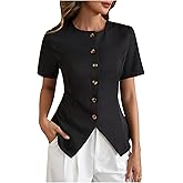 winkbay Women's Button Down Short Sleeve Blouse Crew Neck Split Hem Work Office Shirts