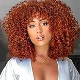 PORSMEER 14 inch Afro Curly Wigs for Women, Short Loose Kinky Curly Wigs with Bangs for Black Women, Synthetic Afro Curls Hair 70s (Copper red)
