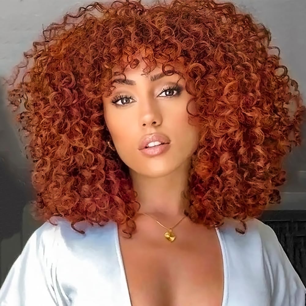 Photo 1 of PORSMEER 14 inch Afro Curly Wigs for Women, Short Loose Kinky Curly Wigs with Bangs for Black Women, Synthetic Afro Curls Hair 70s (Copper red)