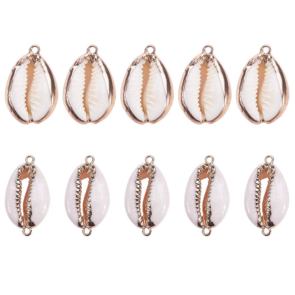 SUNNYCLUE 1 Box 10pcs 2 Styles Natural White Seashells Pendant Conch Shells Charms with Iron Plated Double/Single Loop & Bail for Necklace Bracelet Earring Making
