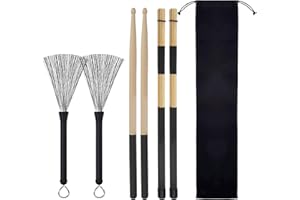 Aulufft Drum Stick Set,1 Pair 5A Classic Maple Wood Drum Sticks and 1 Pair Retractable Drum Wire Brushes and 1 Pair Rods Drum Brushes with Storage Bag for Rock Band,Jazz Folk Total 3 Pairs
