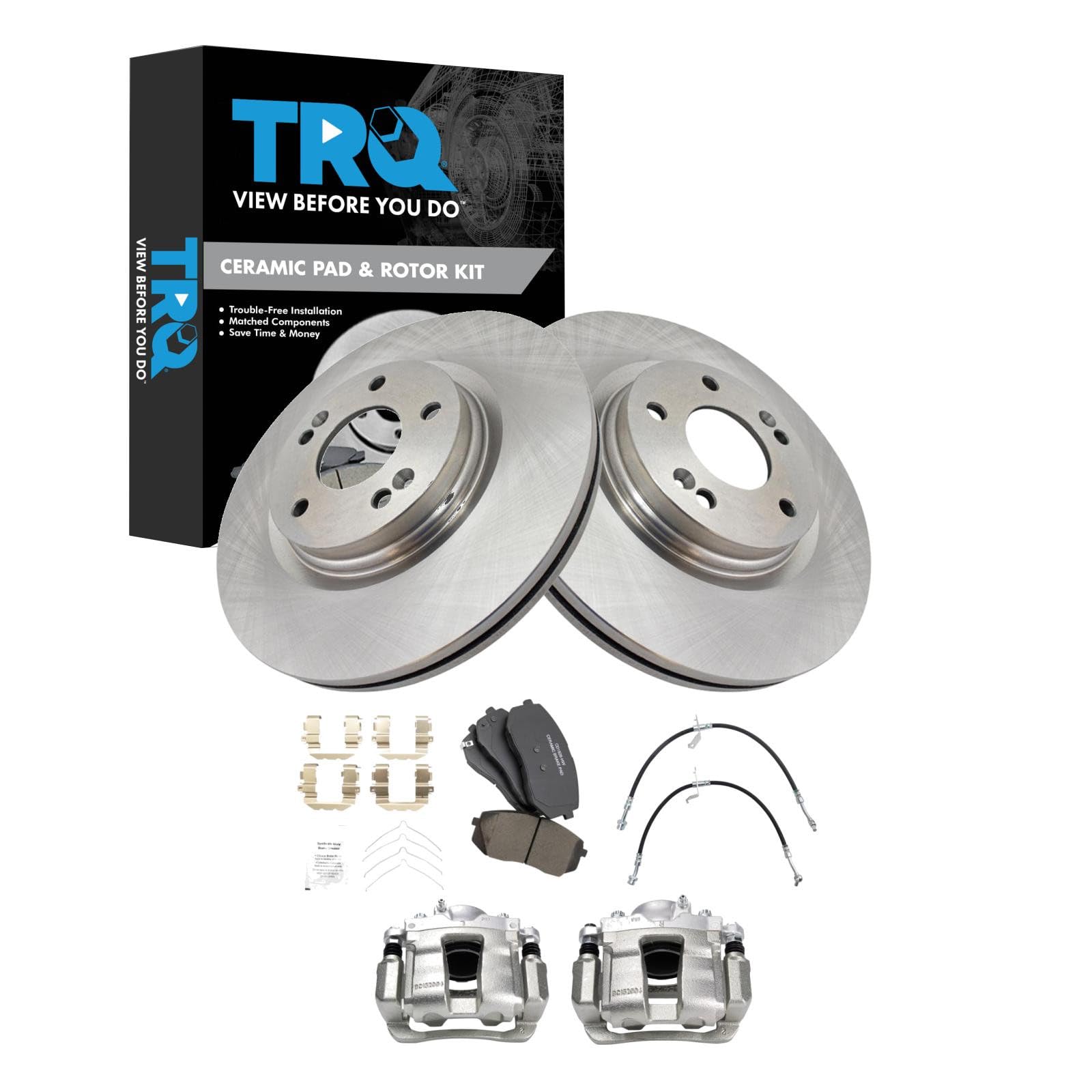 TRQ Front Brake Pad and Rotor Set Ceramic Rotors Calipers Hoses Compatible with 2016 Kia Optima Image
