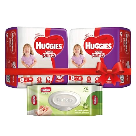 Huggies Wonder Pants Large Size Diapers Combo Pack of 2, 46 Counts Per Pack (92 Counts) & Huggies Cucumber and Aloe Vera Baby Wipes (72 Count)