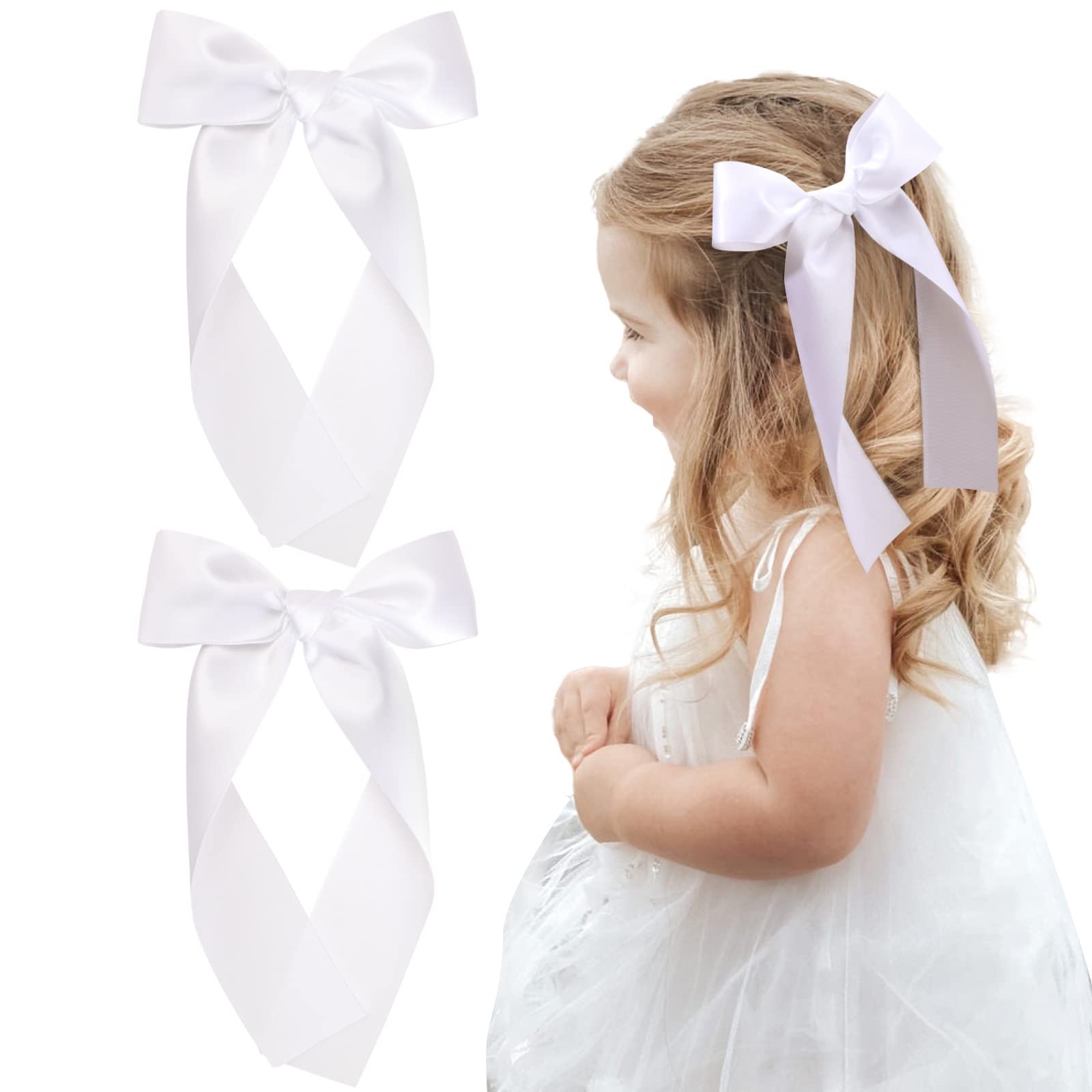 Photo 1 of 2Pcs Long Ribbon Hair Bows for Girls Hair Clip Silk Hair Bow Ribbon Hair Accessories for Baby Toddlers Infant Teens Kids (White)
