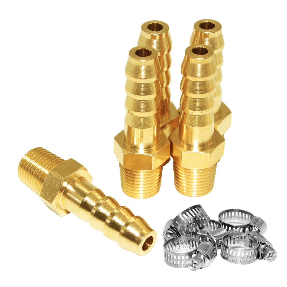 JoyTube 5 Pcs Hose Barb Fittings 3/16" Barb to 3/8" NPT Male Thread Brass Metals Adapter Connector with Hose Clamp