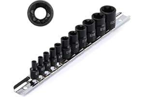 EMENTOL 11PCS E-Torx Socket Set with Rail, CR-V, 1/4" and 3/8" Drive, Female External Torx Star Socket Set, E4 - E20