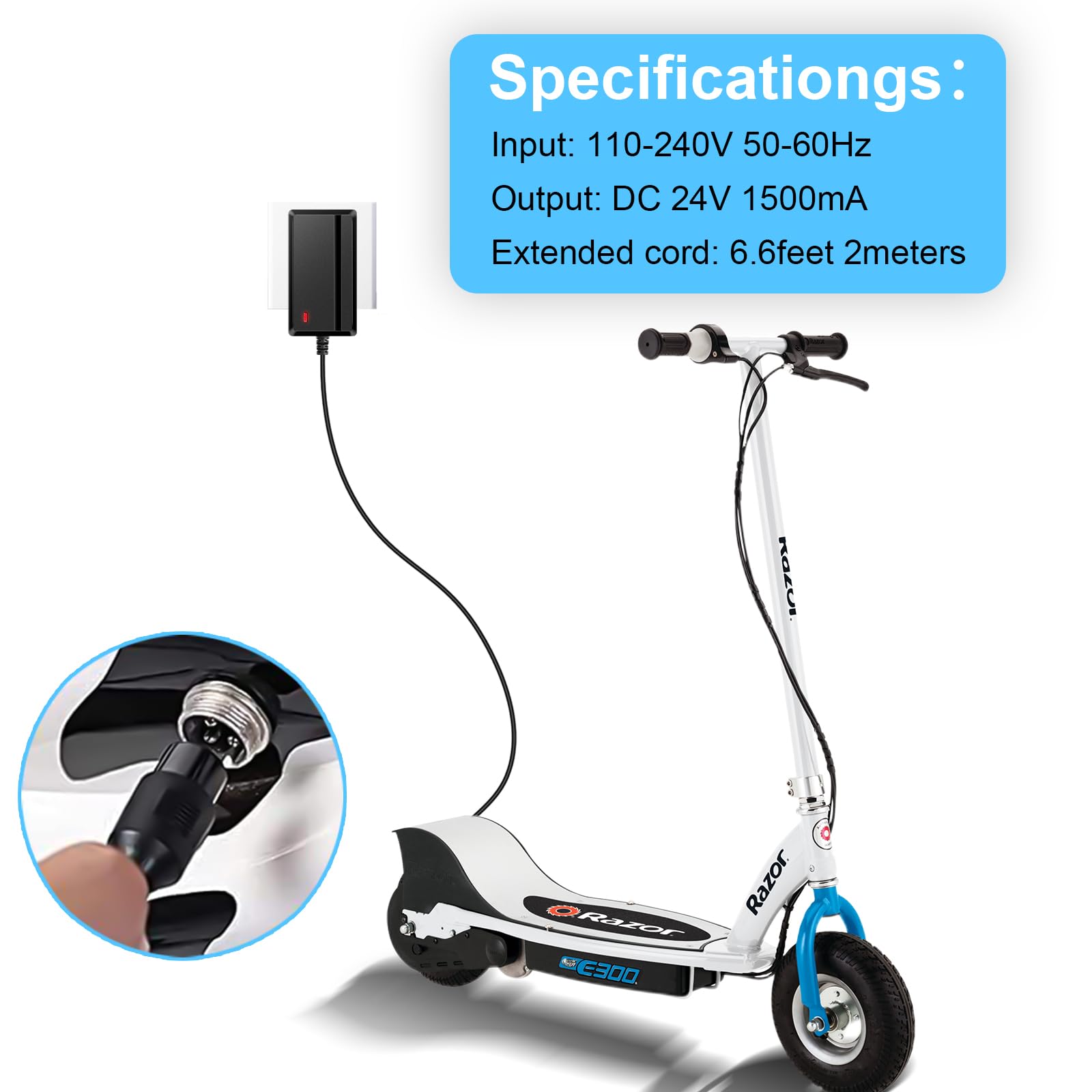 24V Electric Scooter Charger for Razor E300 E200 E150 E125 E100 MX350 Dirt Bike Pocket Mod Sports Mod Dirt Quad Motorcycle Razor Scooter Charger 3-Prong Inline Female Electric Battery Power Cord