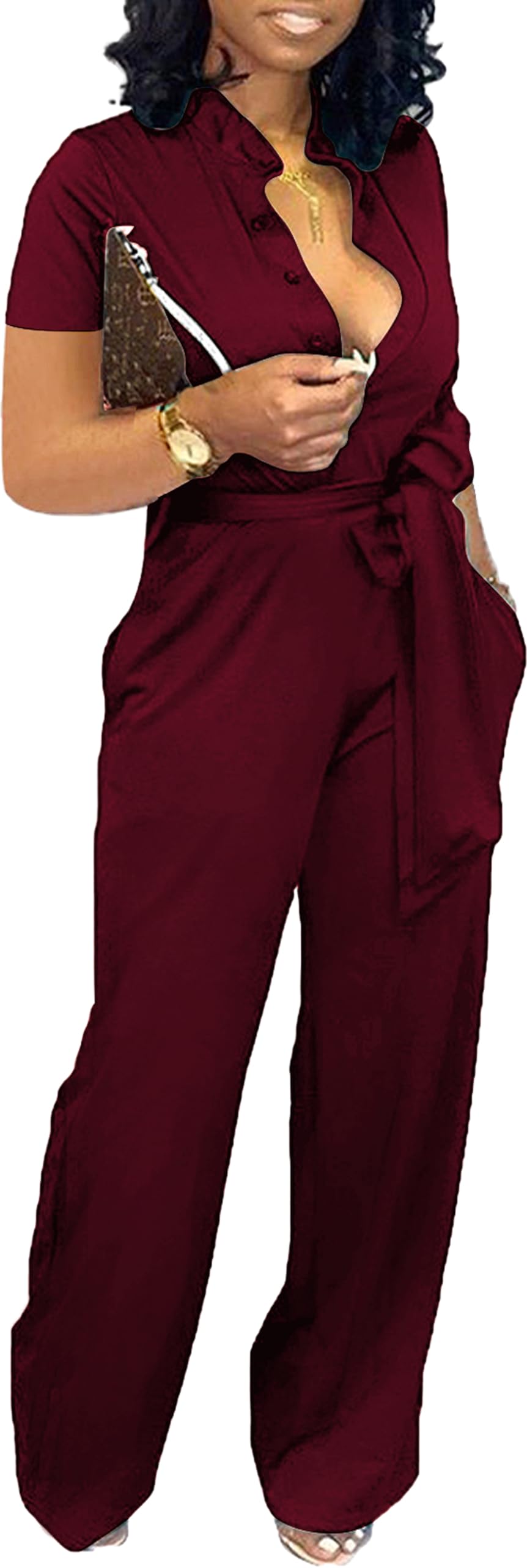 Photo 1 of Yiershu Women's Sexy V Neck Jumpsuits Dressy Long Pants Rompers for Party Club with Belt Pockets(Burgundy,XL)