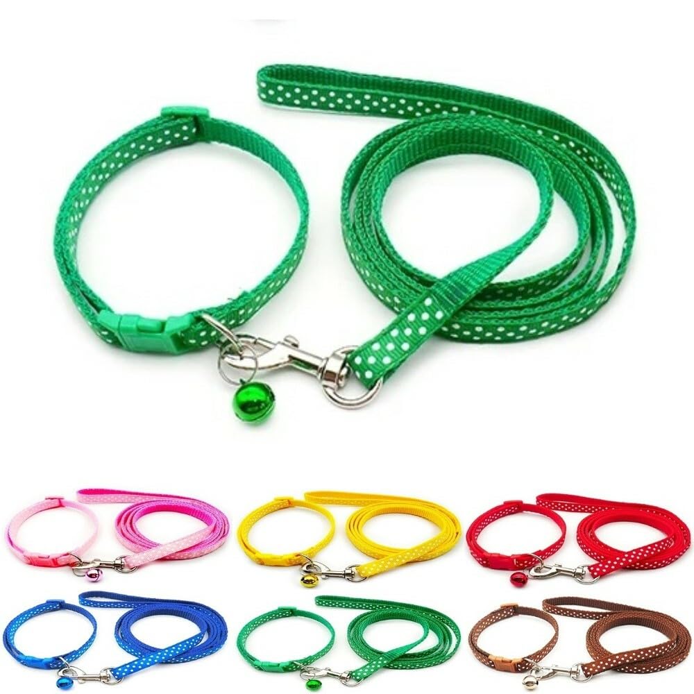 Small Dog Puppy Pet Collar and Lead Set Spot Dot Design Nylon Adjustable Size 19-32cm Collar with Bell and 120cm Leash Green