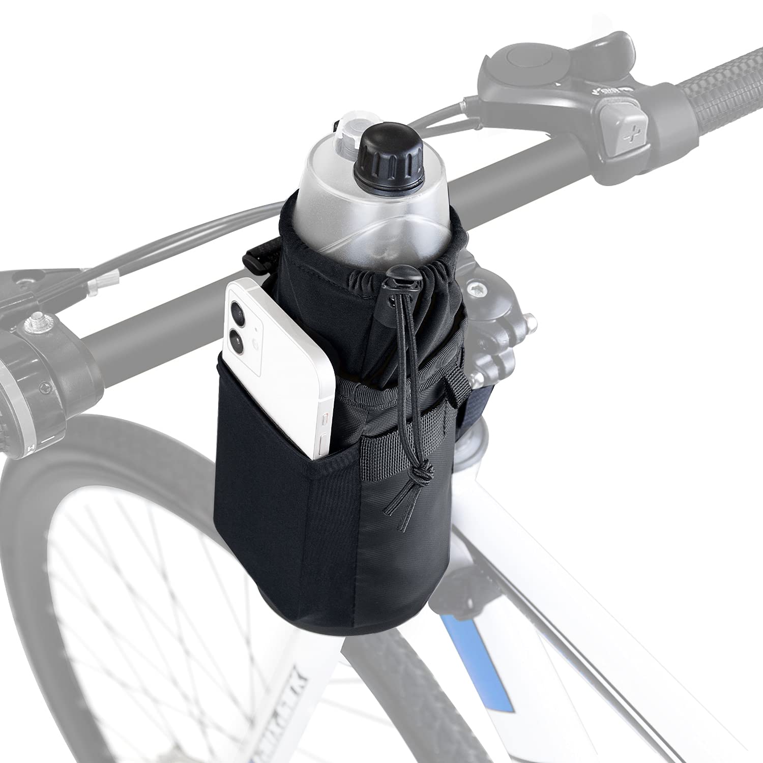 WOTOW Bike Water Bottle Holder Bag, Waterproof Insulated Detachable with Shoulder Strap Bike Frame Coffee Drink Cup Holder Phone Storage Pouch Handlebar Bag Beverage Container for All Bikes
