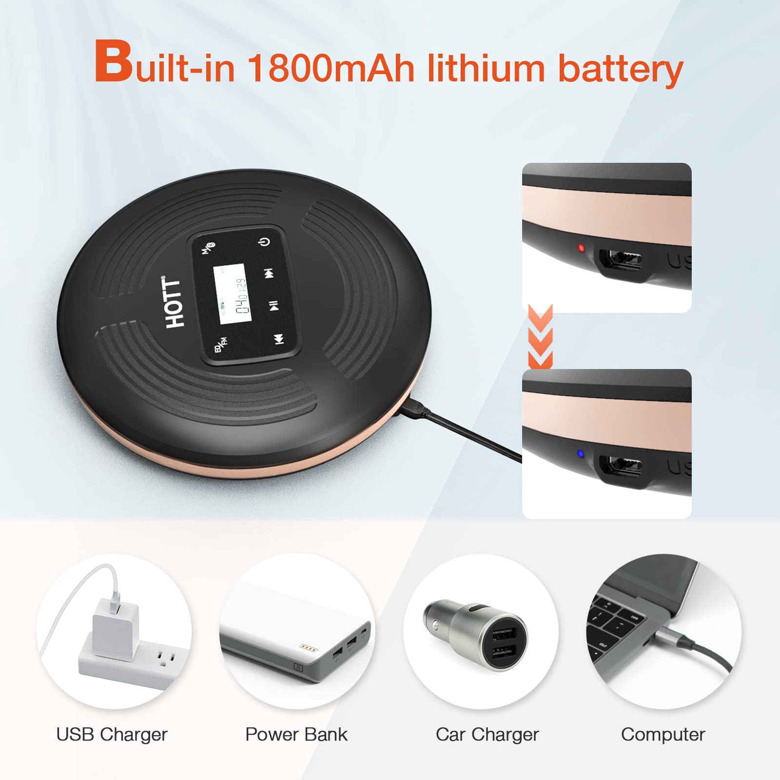 HOTT Portable CD Player with Bluetooth and FM Transmitter with Touch Buttons Backlight,Rechargeable Discman Player with AUX Cable,CD Player Shockproof for Car CD903TF