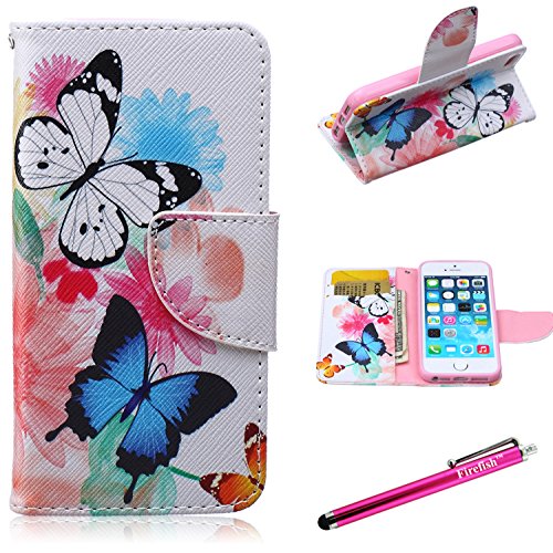 iPhone 5 Case,5S SE Firefish [Kickstand] iPhone 5 Case Leather Wallet Bumper Slim Shock Absorption [Magnetic Closure] for Apple iPhone 5/5S/SE - Butterflies