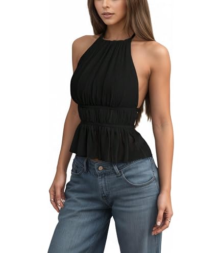 Sexy Smocked Open Back Halter Camisole Y2K Sleeveless Frill