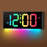 Large Digital Wall Clock 12", Digital Clock with Full Screen Display, 12 RGB Colors Changing Remote Control, DST, Wall Clock with Night Lights for Elderly Living Room Bedroom Office Gaming Room Decor