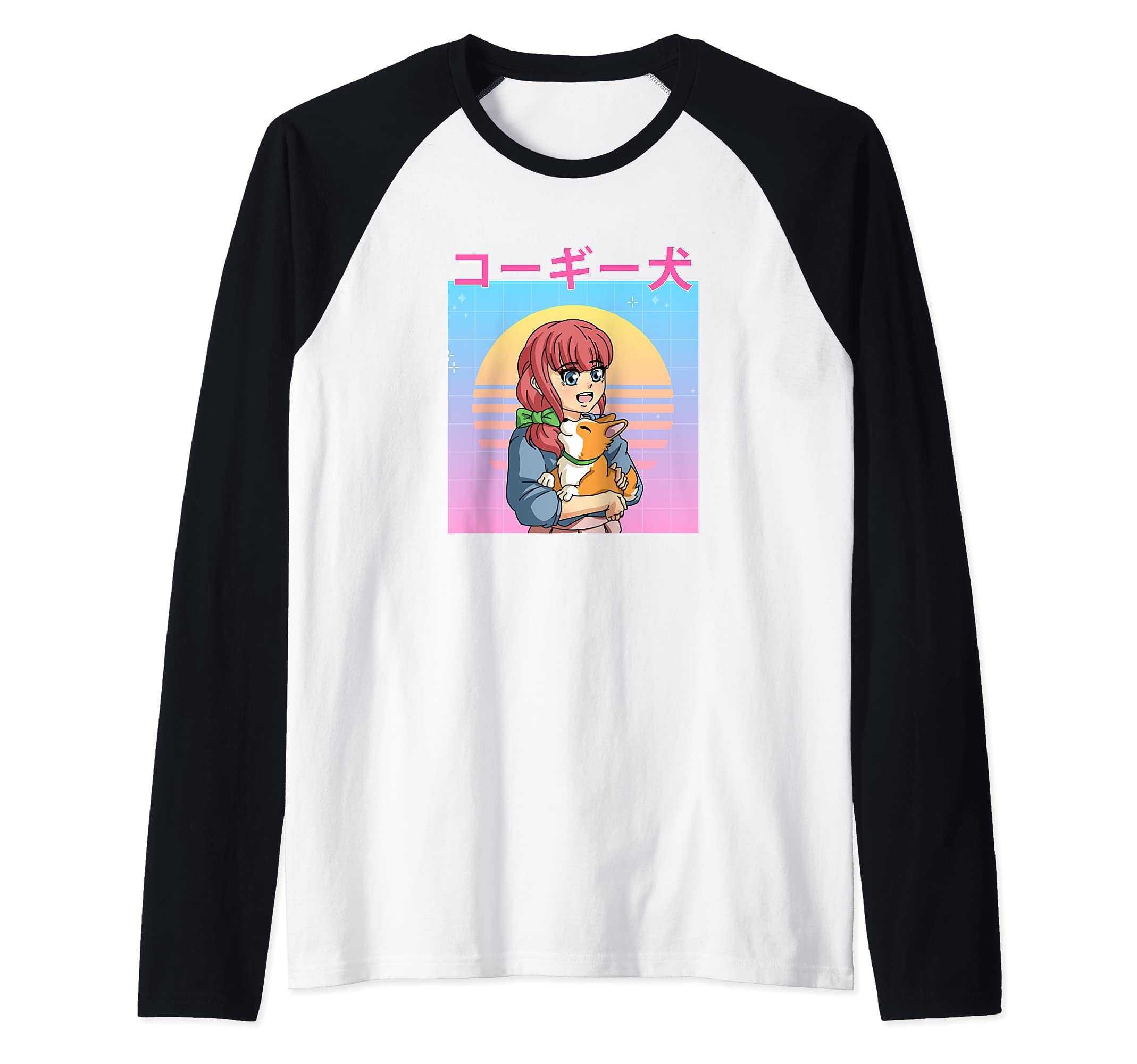 Funny Retro 90s Japanese Kawaii Anime Girl and Corgi Dog Raglan Baseball Tee
