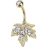 Pierced Owl 14GA 316L Stainless Steel CZ Crystal Maple Leaf Belly Button Ring