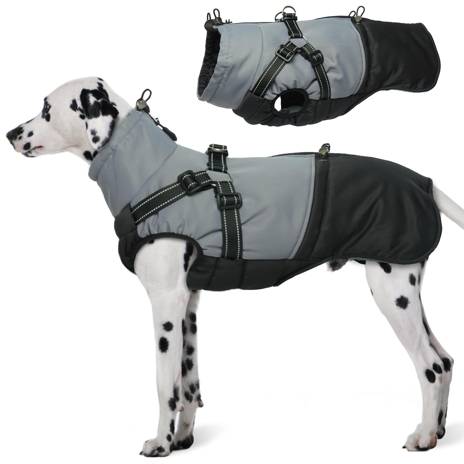 Hjumarayan Dog Coat with Harness, Underbelly Coats with Back Zip Reflective Winter Fleece Jacket, Water Resistant and Warm Clothes for Medium Dogs, Black XL