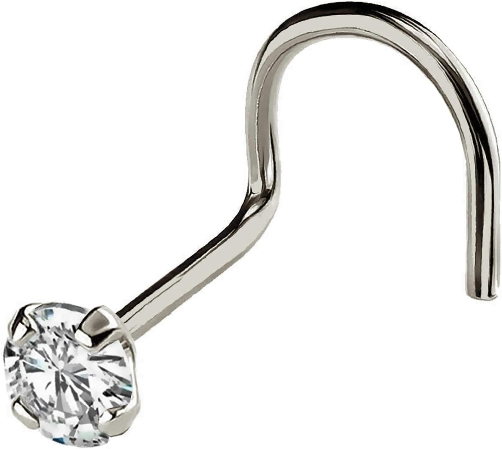 Solid 14Kt Gold Nose Screw, 24G (0.5mm) Nose Hook, Nose Stud, 14kt Yellow Gold or 14kt White Gold Nose Ring Prong Set CZ Accent