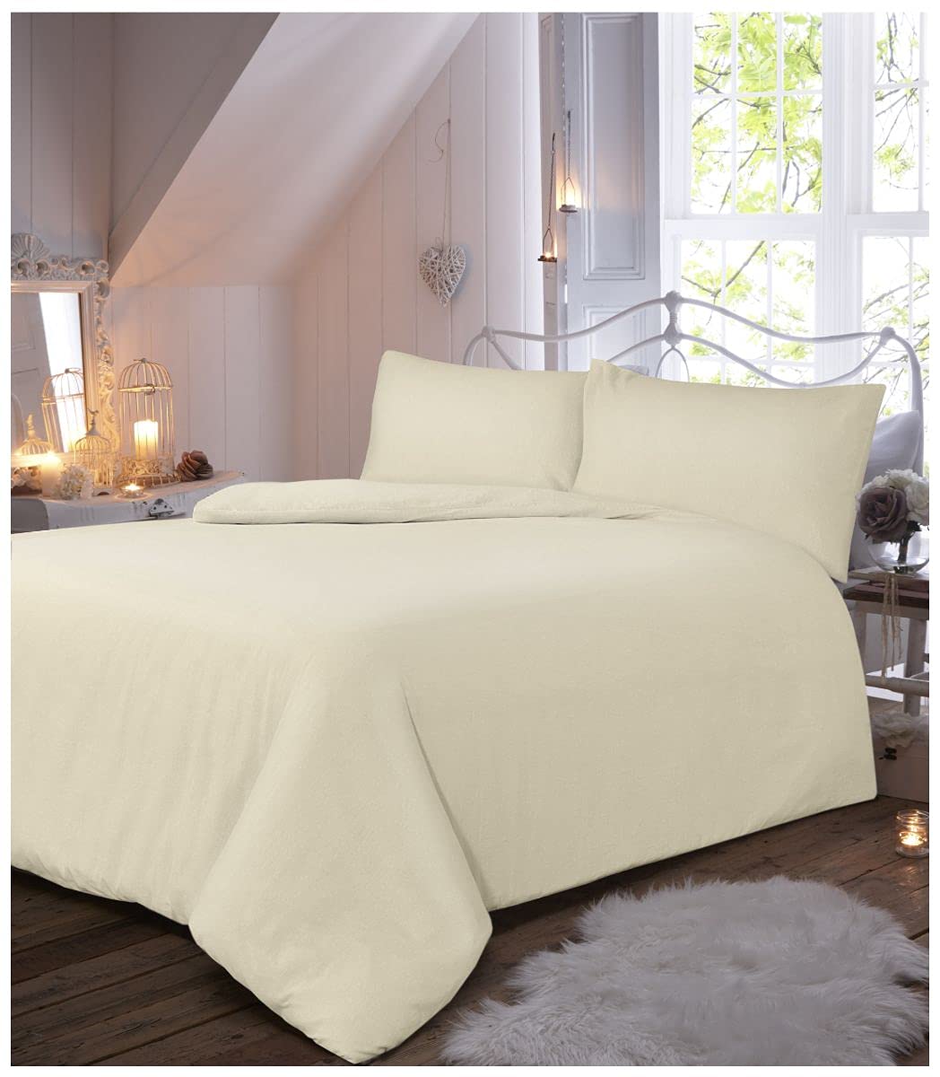 GC GAVENO CAVAILIA Luxury Quality Plain Dyed Thermal Flannelette Duvet Cover and Pillowcases, Cotton, Cream, Double