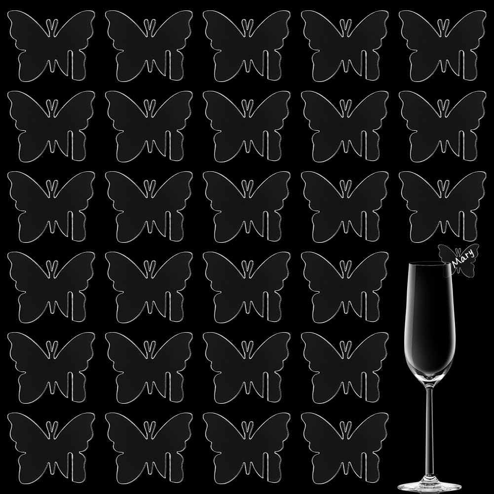 FINGERINSPIRE 60 Pcs Butterfly Party Drink Markers & Glass Tags - 5.5x4cm Clear Acrylic Charms for Bar, Wedding & Tasting Parties