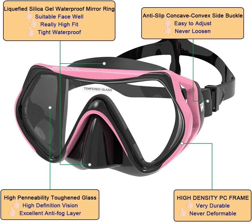 WACOOL Adults Snorkeling Snorkel Diving Scuba Package Set with Anti-Fog Coated Glass Purge Valve and Anti-Splash Silicon Mouth Piece for Men Women (Black+Pink) : Sports & Outdoors
