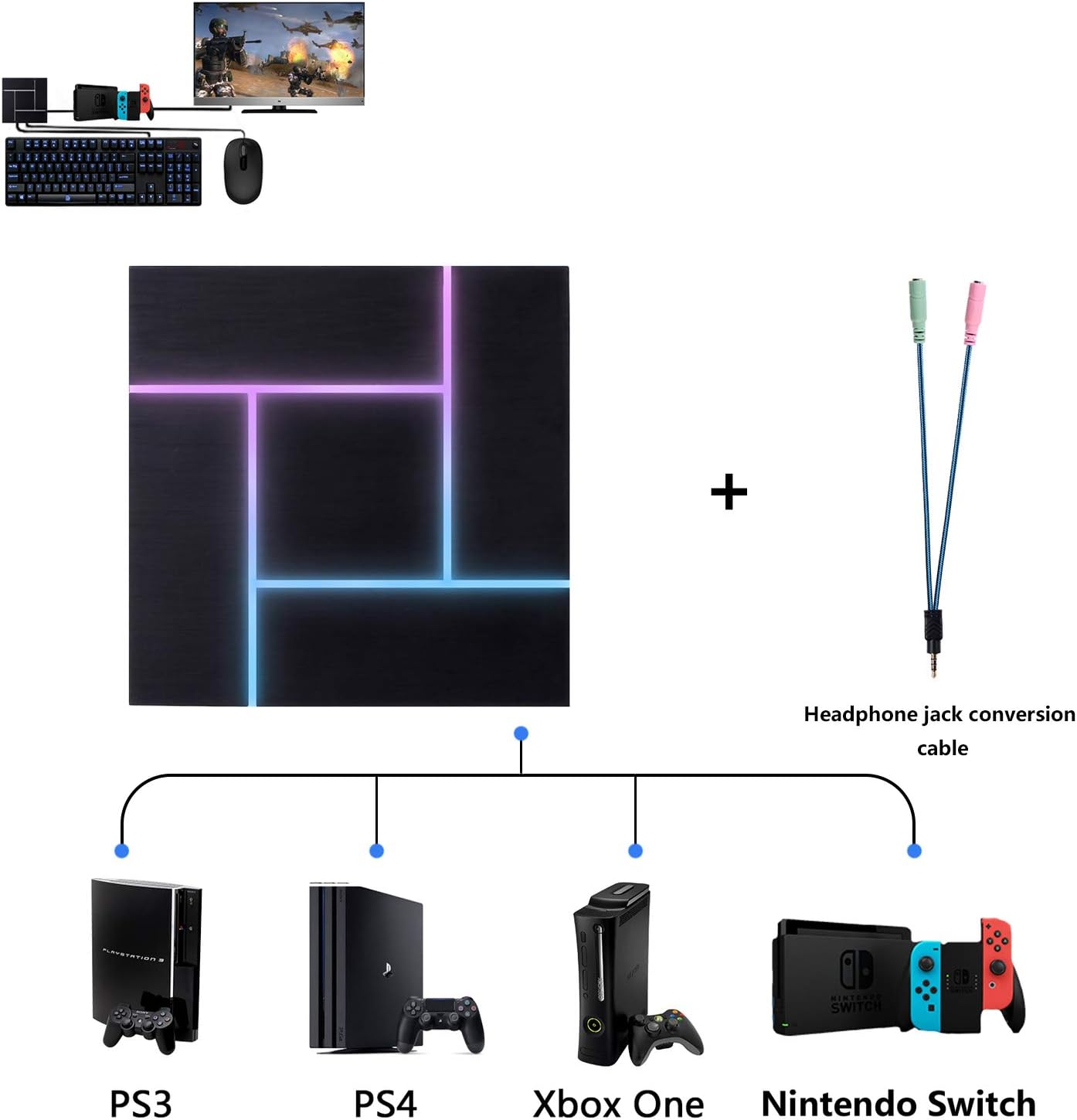 PXN Keyboard and Mouse Adapter Converter For PS3 / PS4 / Xbox One / Nintendo Switch, With 3.5mm Headphone Jack, Support Game Voice, Custom & Reset Button Function, Breathing Light Effect.