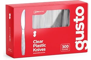 GUSTO Comfy Package [300 Pack] Clear Plastic Knives Heavy Duty with Engraved Design - Plastic Knives Disposable, Sturdy Plastic Silverware for Parties, Weddings, and Events