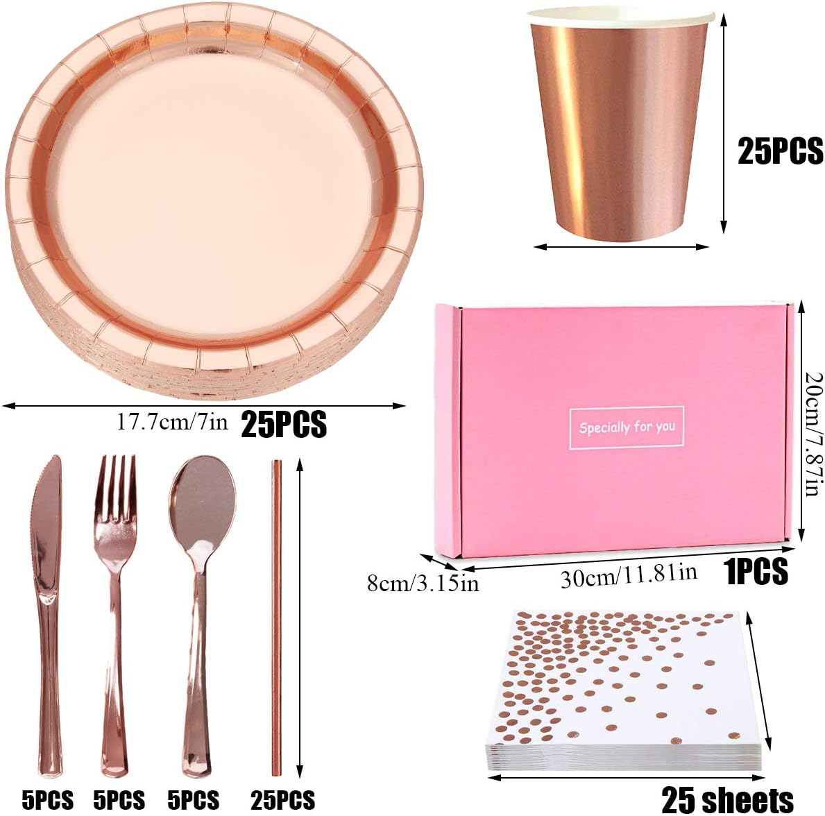 115 Pieces Rose Gold Party Tableware, Disposable Rose Gold Dinnerware