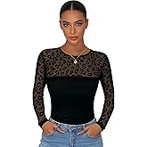 Women's Sexy Sheer Mesh Long Sleeve Tops Crew Neck Double Layered Tee Shirts Fall Fashion Going Out Tops Lace Blouse