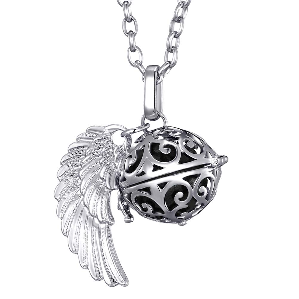 Morella Women Necklace Stainless Steel 70 cm 27,5" with Ornament with Angel Wing Pendant with Sound Ball Black Ø 16 mm 0,63" in a Velvet Jewelry Bag