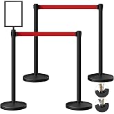 4-Pack Black Stainless Steel Crowd Control Stanchions, 9.8 ft Retractable Red Safety Belts with 1 Sign Holder(Red Belt)