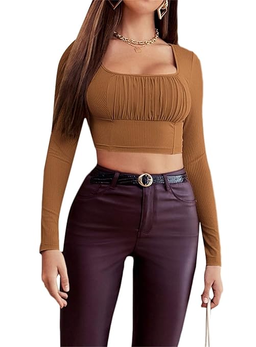 Buy SheIn Women's Long Sleeve Ruched Bust Tee Scoop Neck Crop Tops