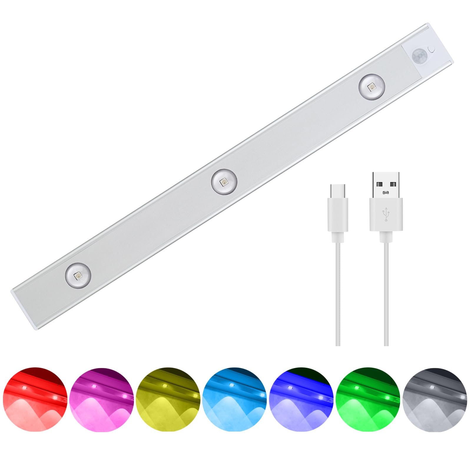 GreeSuit 7 Color Under Cabinet Lights Rechargeable LED Closet Light 1000mAh Wireless Motion Sensor Stick-on Cordless Counter for Kitchen, Stair, Wardrobe, Cupboard (40CM) (FANC-1601)