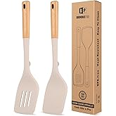 Pack of 2 Large Silicone Spatula, Heat Resistant Solid Turner, Non Stick Slotted Spatulas with Wooden Handle, Ideal Kitchen Utensils for Flipping, Pancakes, Eggs, Fish(KHAKI)