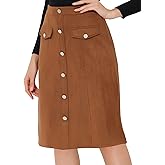 Allegra K Faux Suede Skirt for Women's Button Front High Waist 2025 Fall Knee Length A-Line Skirts