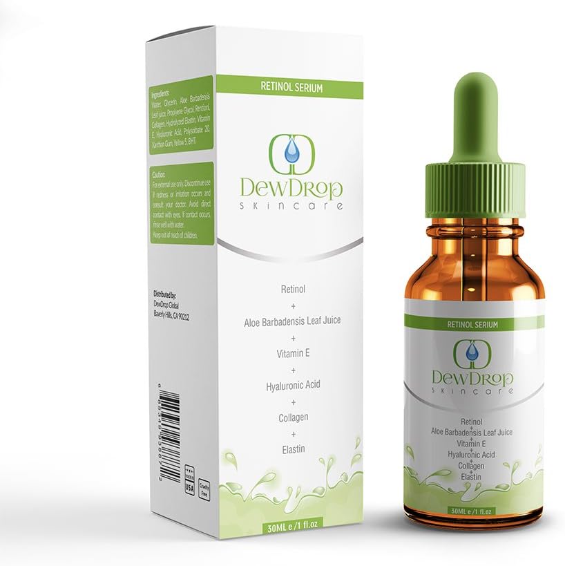 DewDrop Skincare Retinol Serum with Hyaluronic Acid, Vitamin E, Aloe Leaf Juice, Collagen and Elastin. High Potency Anti-Aging Moisturizing Serum for that Younger Looking Skin 30ml 1oz