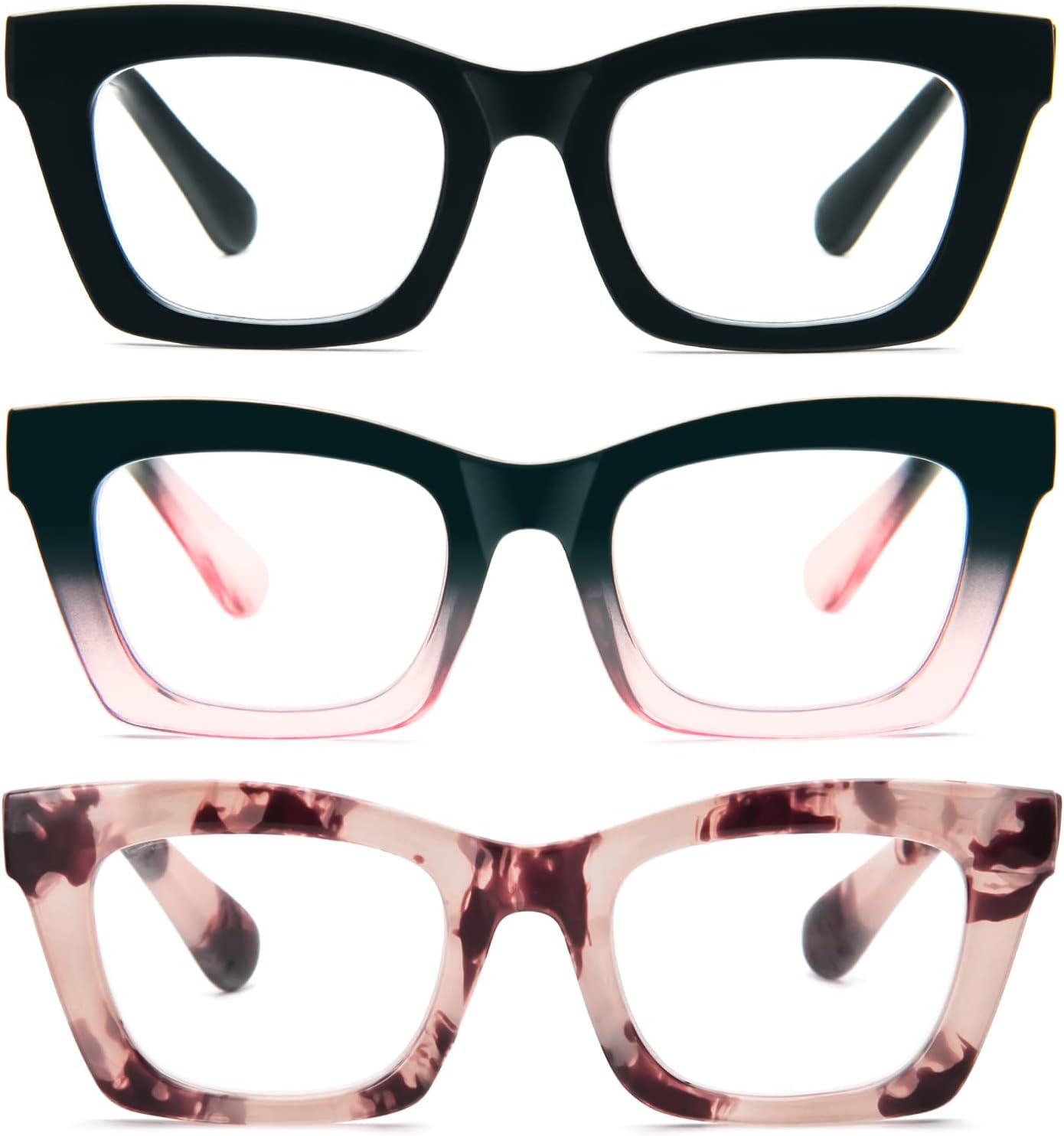 KoKoBin 3 Pack Oprah Style Reading Glasses for Women Blue Light Blocking, Cute Oversized Square Computer Readers Spring Hinge
