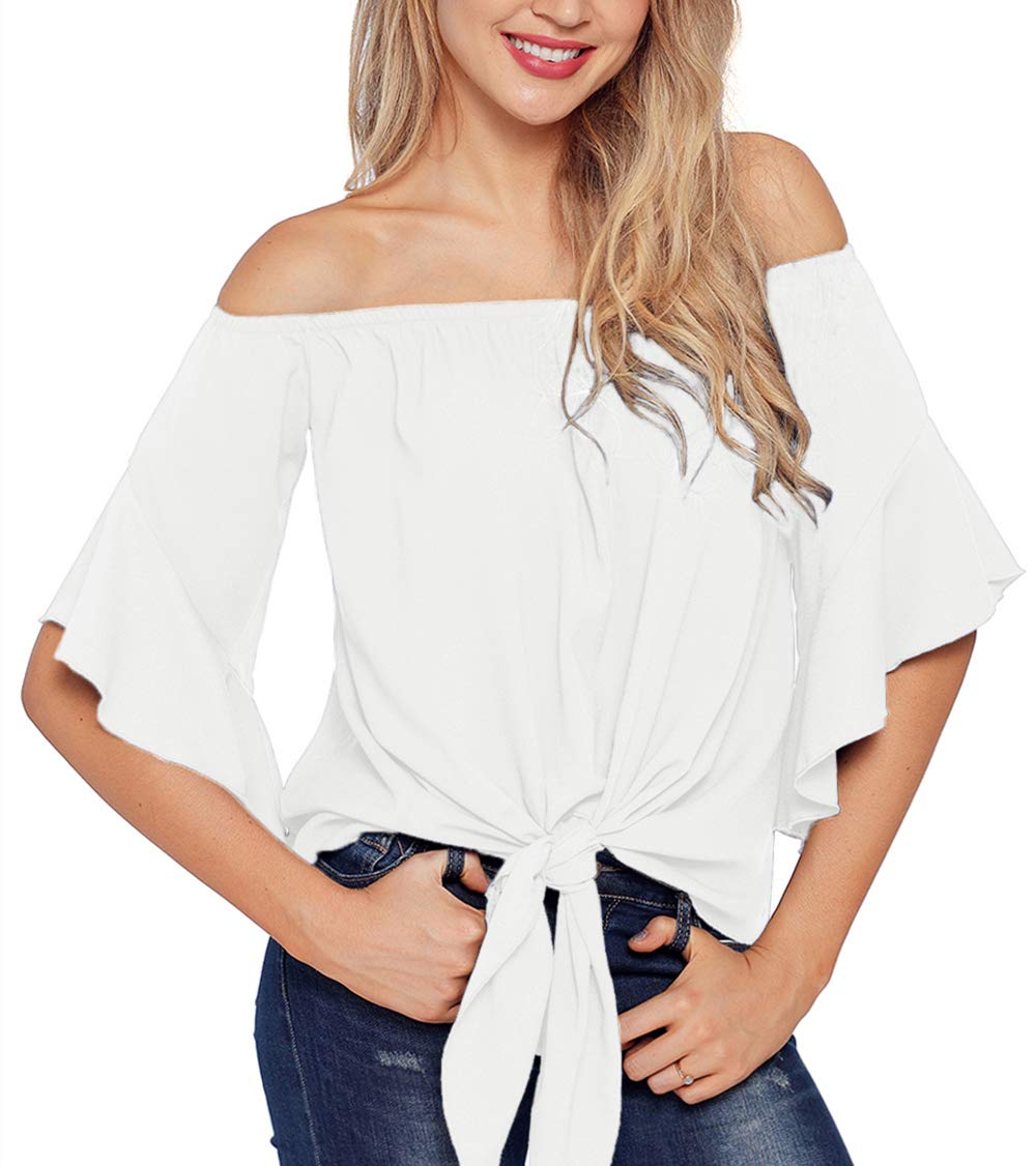 Chirps Women Off Shoulder Tank Tops T Shirts Short Bell Sleeves Casual Sexy Tee Front Tie Knot Blouses