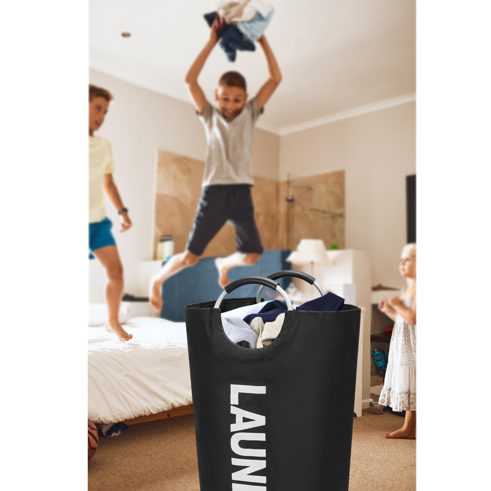 90L Large Laundry Basket, Freestanding Tall Clothes Hamper, Collapsible Laundry Bag, Black