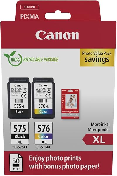 Canon PG-575XL CL-576XL High Yield Ink Cartridges Pack of 2 + Photo Paper