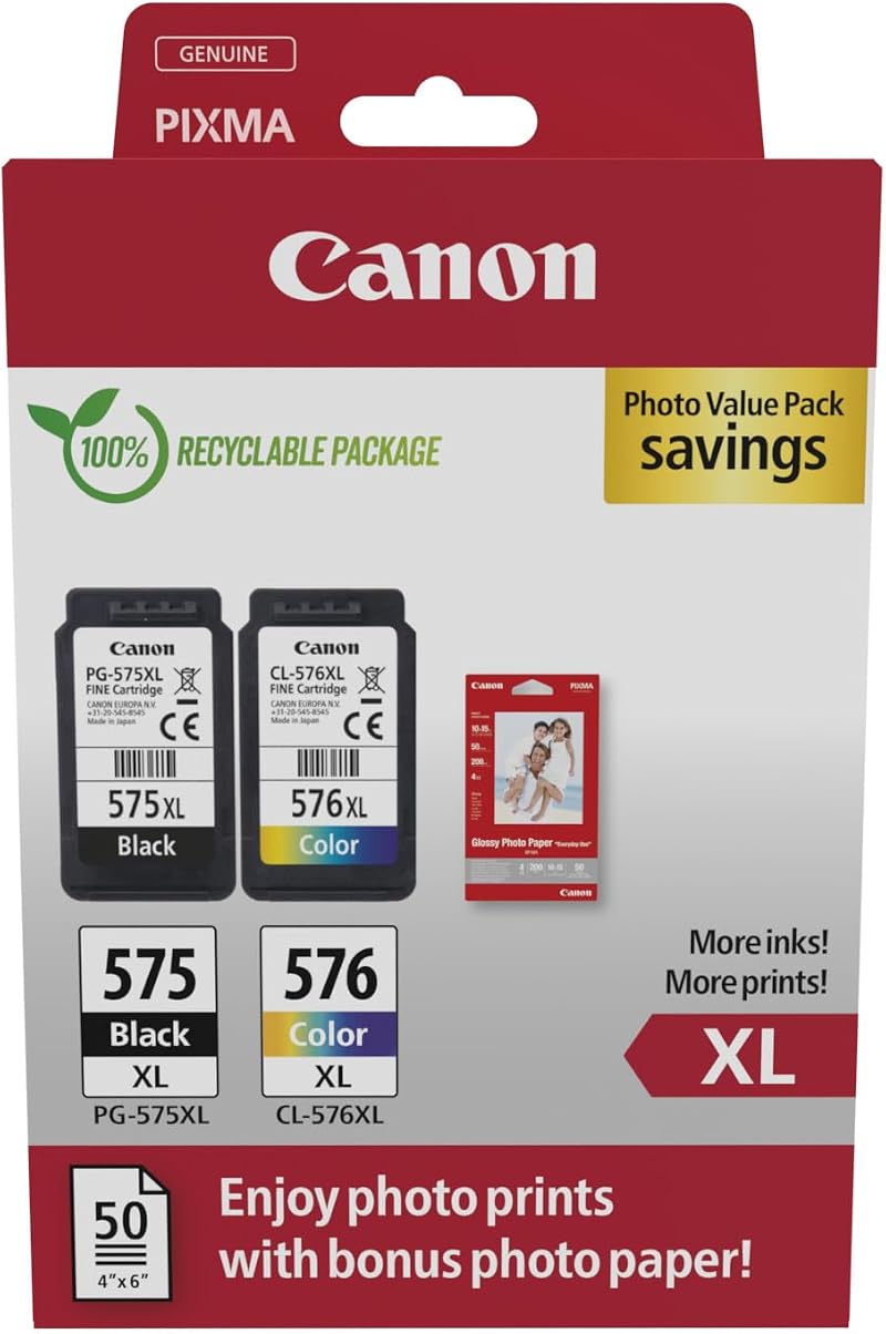 Canon PG-575XL CL-576XL High Yield Ink Cartridges Pack of 2 + Photo Paper