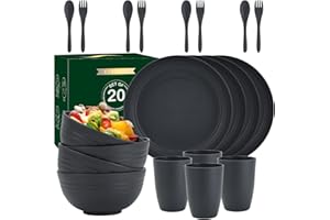 PYRMONT 20-Piece Wheat Straw Dinnerware Sets, Microwave & Dishwasher Safe Unbreakable Dinnerware Set, Reusable Dishware Sets, Lightweight Camping Dishes, Plates, Cups, Cereal Bowls for 4 (Grey, 20PCS)