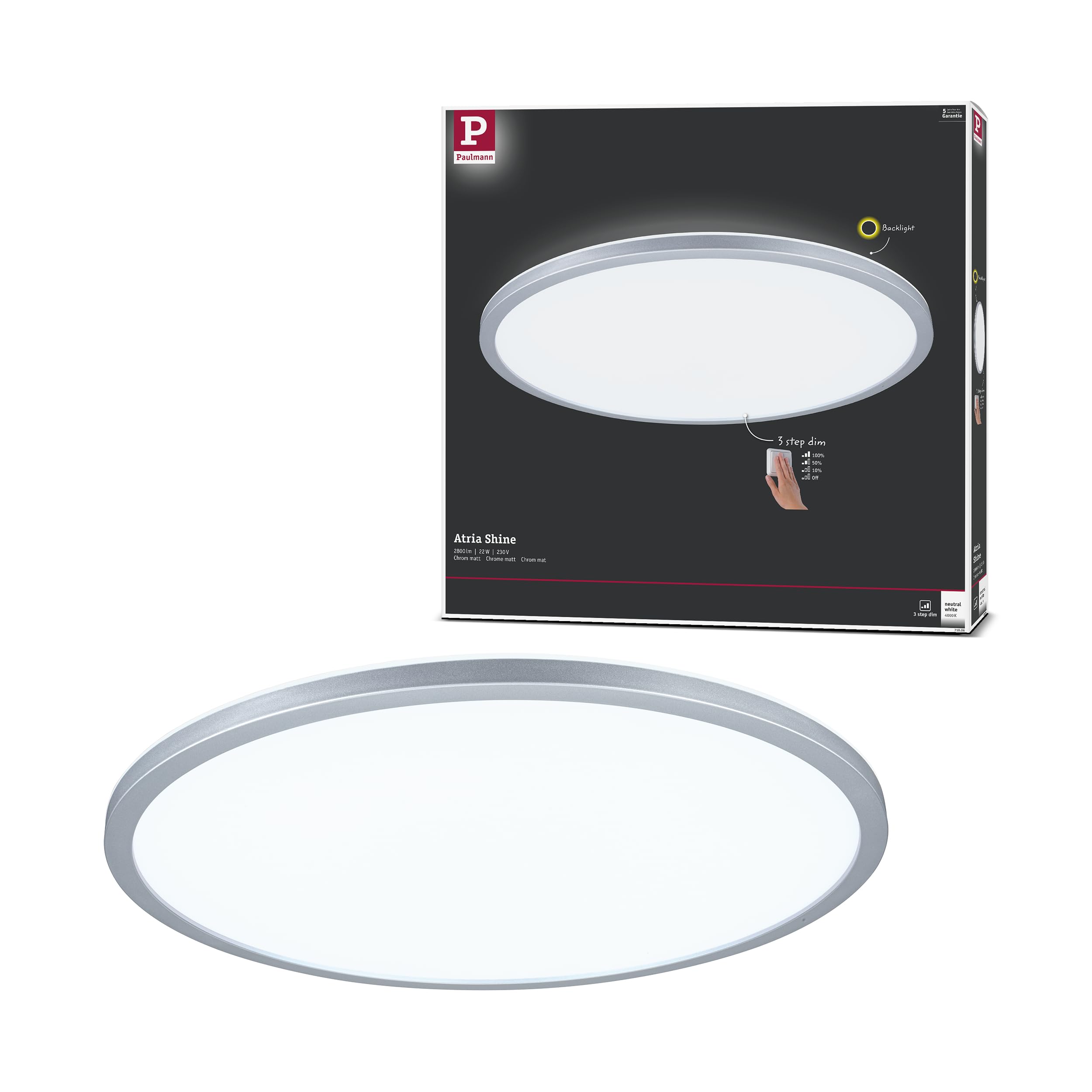 Paulmann 71006 LED Panel Atria Shine 420mm 3-Step-Dim Round incl. 1x22 W dimmable Daylight White matt Chrome Plastic Light Panel Ceiling Panel 4000 K