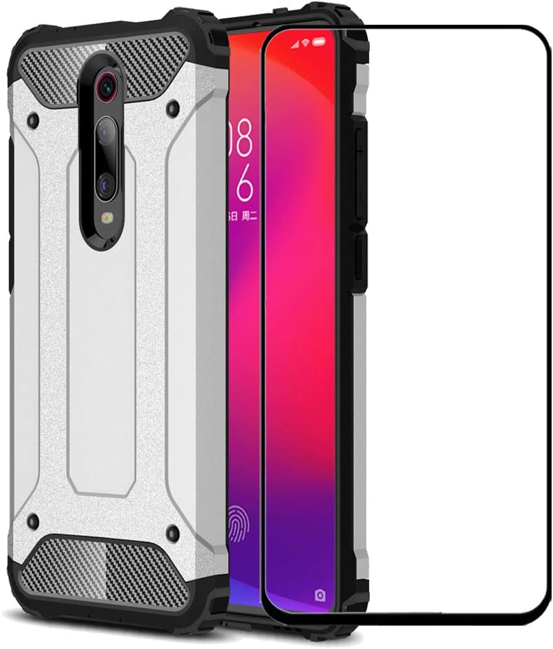 FaDream for Xiaomi Mi 9T/9T Pro/Redmi K20/K20 Pro Case, 2 in 1 Shockproof Hybrid Dual Layer Heavy Duty Protective Cover with Tempered Glass Screen Protector(Silver)