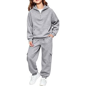 Girls Sweatsuit Fashion 2 Piece Fleece Hoodie and Cargo Sweatpants Set Half Zip Casual Warm Tracksuit Baggy Loose Sportswear