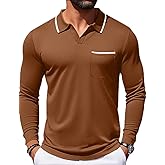 Aulemen Men's V-Neck Polo Shirts Long Sleeve Casual Collared T Shirts Fashion Golf T-Shirts with Pocket